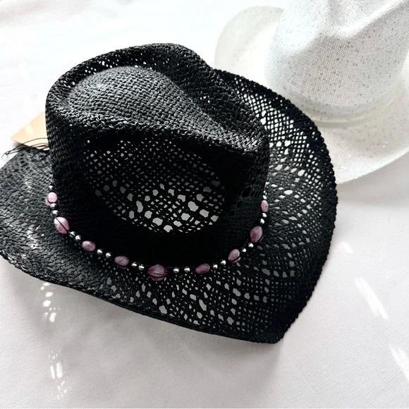 Black Western Cowboy Hat with Pink Beads - Picture 8 of 8